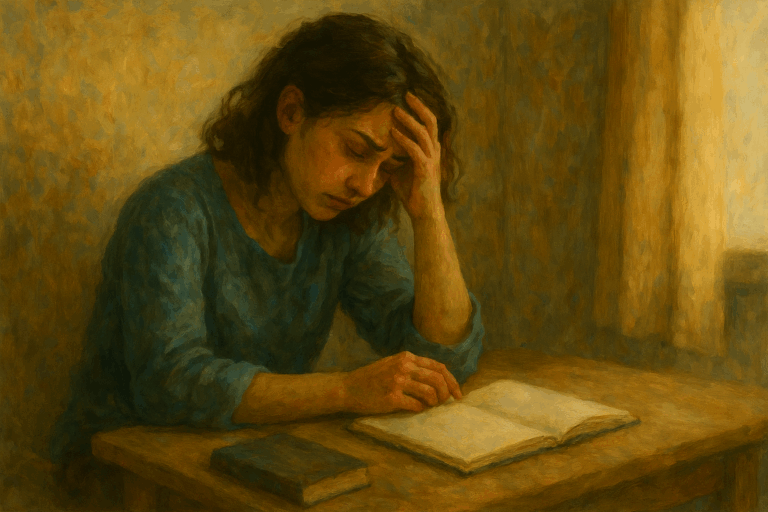 机に伏して考え込む女性が、ノートを前に静かに思索している。『confuse』が象徴する、混乱の中で理解を探す姿が描かれている。