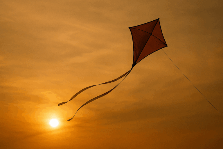 夕暮れの空に、赤い凧が逆風を受けながら高く舞い上がっている。『contrary』が象徴する、逆境を力に変える姿が描かれている