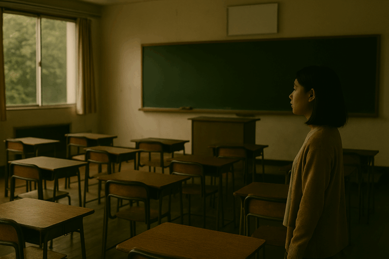 人けのない教室で若い女性が静かに佇み、前方の黒板を見つめている様子。『deserted』が象徴する、見捨てられた空間に残る記憶と再生の余白が描かれている。