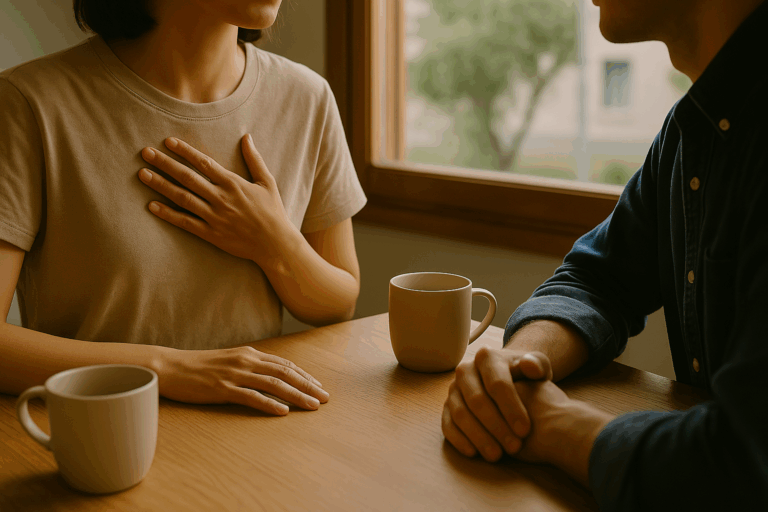 穏やかな光が差し込む部屋の中で、女性が胸に手を添えながら静かに気持ちを伝えている。『disclose』が象徴する、親密な対話と信頼の芽生えを映した場面