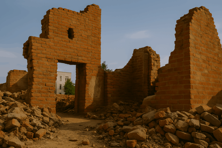 赤レンガの崩れた壁と瓦礫が広がる中、遠くに白く整った建物が見える。『disruption』が象徴する、混乱と再構築、秩序の再発見の情景が静かに映されている