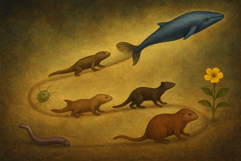 自然選択によって進化してきた生命の多様性を象徴する、動植物や環境が融合したデジタルイラスト