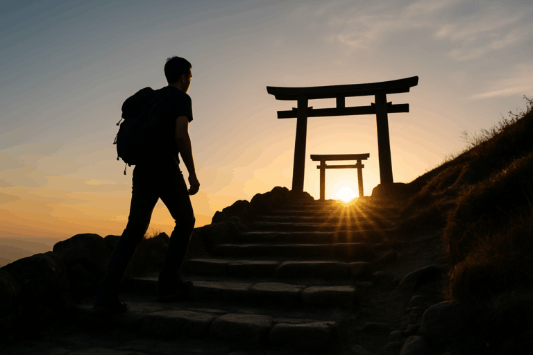 夕暮れの山頂で、一人静かに佇む登山者。問題と向き合う姿勢を象徴するような静かな風景