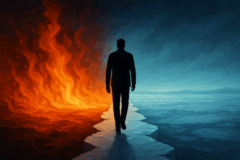 烈火と薄氷の境界を歩く人物のシルエット。炎は試練を、氷は慎重な挑戦を表し、人生の成長と成功の道を象徴している。