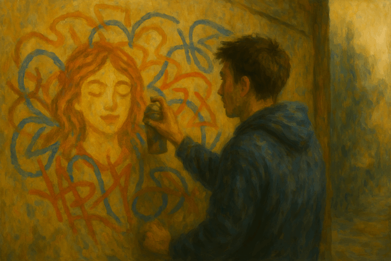 若いアーティストが古びた壁に鮮やかな女性の顔を描いている。『illegal』が象徴する、違法性の中に宿る問いと創造の力が描かれている。