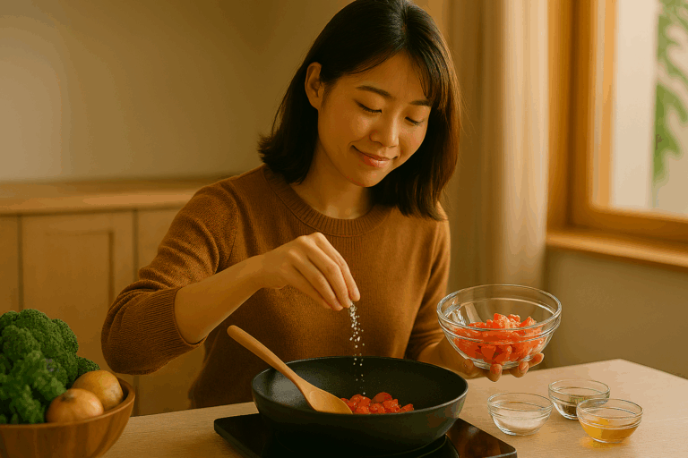 明るいキッチンで女性が笑顔で材料を混ぜている様子。『ingredient』が象徴する、日常の中で要素がひとつになっていく創造の瞬間が映されている。