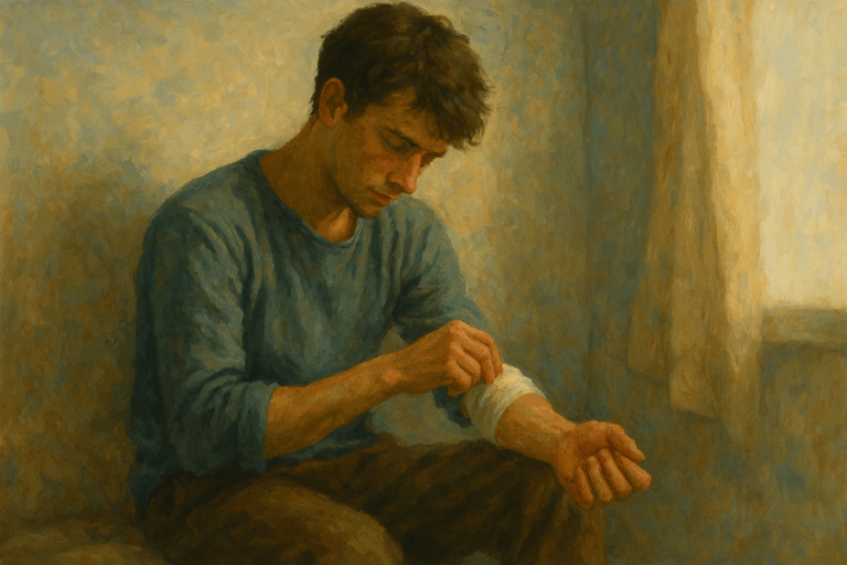 古びた壁の前で、青年が静かに腕の傷を包帯で巻いている。『injure』が象徴する、痛みと向き合いながら再生へと向かう姿が描かれている。