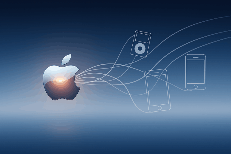 青いグラデーション背景に、光を放つAppleロゴから複数のラインが伸び、iPodやiPhoneなどの製品アウトラインにつながる。Apple製品の連携と進化を視覚的に表現したモダンな構成。