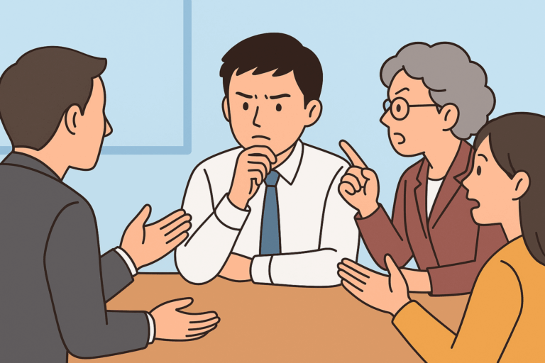 会議で同僚たちに意見をぶつけられ、考え込む小林さんのイラスト