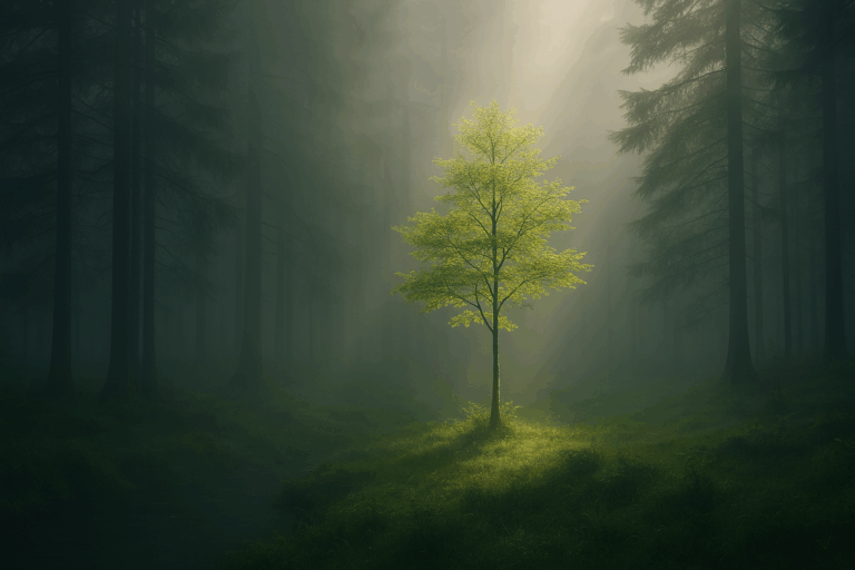 霧深い森の中で、一本の木が柔らかな光に照らされている風景。静寂と再生、内省の象徴。
