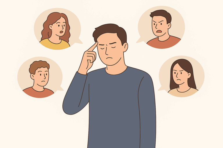 自分は正しく客観的だと考える男性と、対立する意見を持つ周囲の人々を表現したイラスト