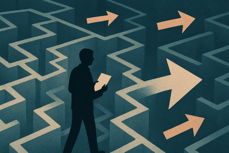 迷路の中で地図を持たずに歩く人物のシルエット。混沌とした空間に浮かぶ複数の矢印が、選択の難しさを表している