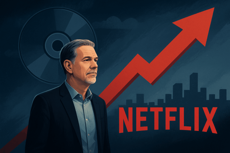 リード・ヘイスティングスが未来を見据え、Netflixの成長を象徴する赤い上昇矢印と都市のシルエットを背景に立つイラスト