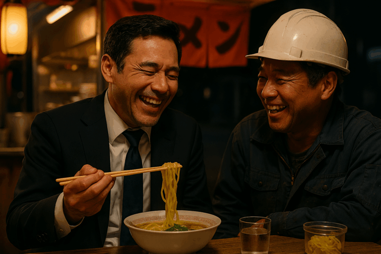 屋台のラーメンをすすりながら笑うスーツ姿の男性と、冗談を交わす作業員。夜の温かな照明に包まれて、肩の力が抜けた瞬間を映す。