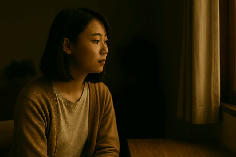 薄暗い室内で若い女性が窓辺の光に照らされながら静かに思索している様子。『obscure』が象徴する、曖昧さと影の中に潜む物語の余白が描かれている。