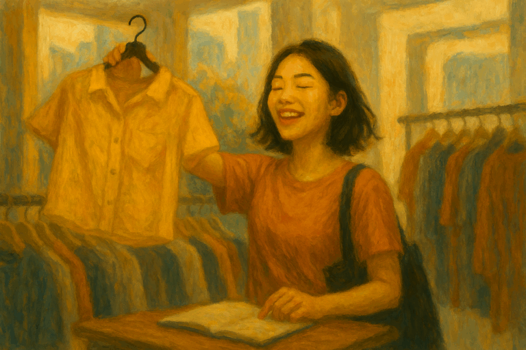 若い女性がアパレルショップで黄色のシャツを自信を持って高く掲げている。『preference』が象徴する、異なる選択を楽しむ自己表現と自由が描かれている。