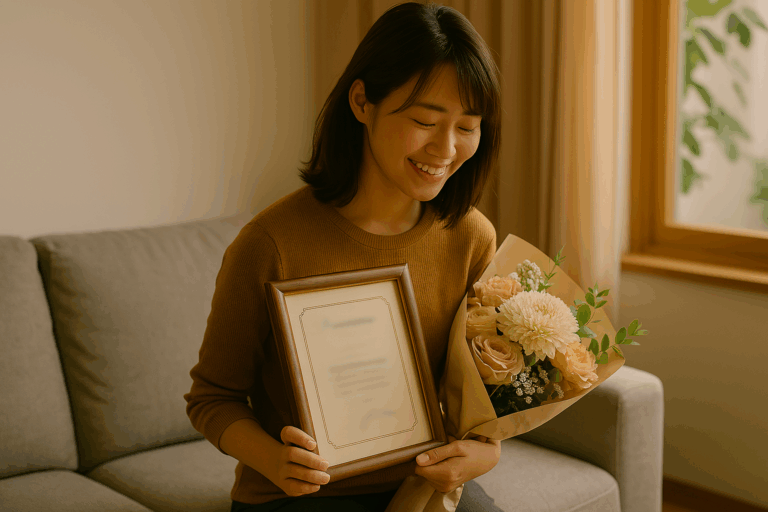 暖かな光に包まれた部屋で、若い女性が名誉ある賞状と花束を抱えて静かにほほえんでいる。『prestigious』が象徴する、称賛と誇りが静かに交差する瞬間が描かれている