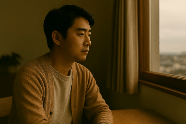 窓辺で若い男性が静かに外を見つめている様子。『privilege』が象徴する、授かったものに感謝し、それに応える責任を思索する姿が描かれている。