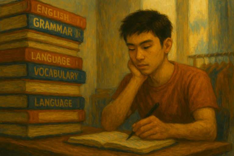 アジア系の若い男性が英語を勉強している。目の前には積み重なった語学教材の山がある。『proficient』が象徴する、静かな積み重ねを通じた習熟のプロセスが描かれている。