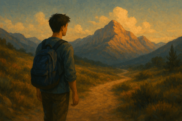 夕暮れの山道を静かに歩く青年が、遠くの山々を見つめている。『prove』が象徴する、言葉ではなく行動で価値を示す姿が描かれている。