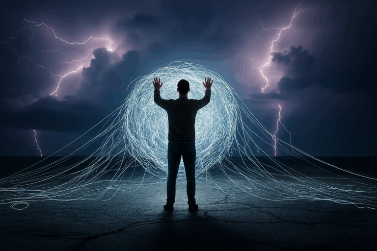 困難を象徴する雷雨の中で、自らの力で未来を築く様子を表す、光る網を編む人の姿。