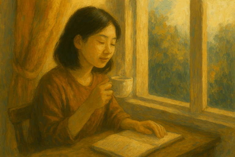 朝の窓辺で女性が目を閉じてお茶を味わっている。『ritual』が象徴する、繰り返しの中で心を整える静かな習慣が描かれている。