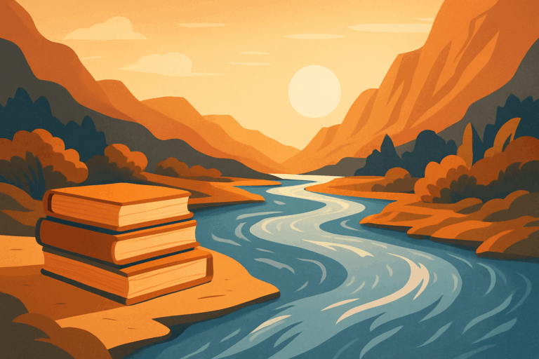 穏やかな川沿いを走る列車の風景。人生の旅路と人との出会い別れを象徴する静かな情景