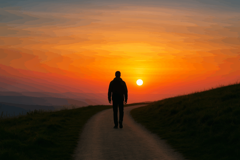 夕日の中、曲がりくねった道を一人歩く人影。人生の終点を見通し、執念を手放して歩む姿を表現。