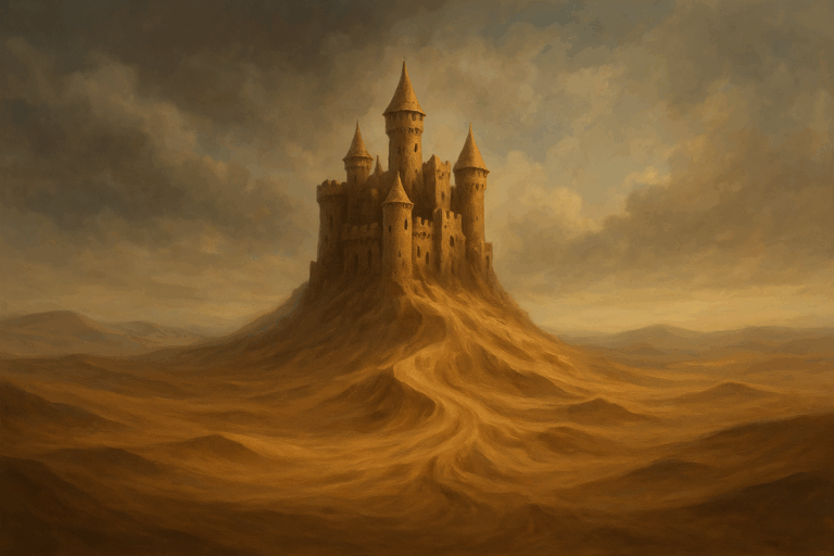 流砂の中に立つ古城が夕暮れの光を浴び、周囲の砂丘が柔らかく広がっている様子