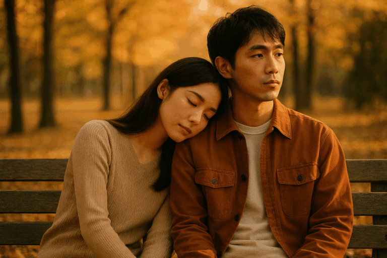 若い人物が静かな空間で深呼吸している。『strain』が象徴する、緊張の中でしなやかに耐える力と静かな回復が描かれている。