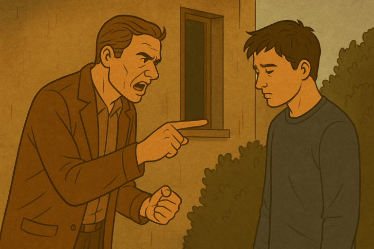 建物の前で、怒りの表情で指を差す男性と、沈黙のまま目を伏せる男性が対峙している。『threaten』が象徴する、脅しと沈黙のあいだにある緊張と誠実さが描かれている。