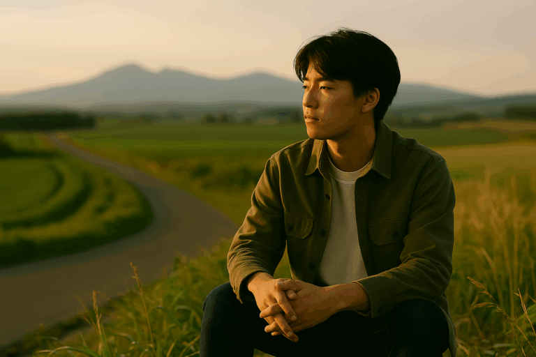 農村風景を背景に若い男性が道端に座り、遠くの山並みを見つめている。『ultimately』が象徴する、自分の選択と未来を静かに思索する場面が描かれている。