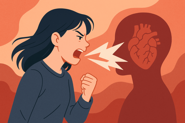 怒りの表情を浮かべた女性が叫ぶように口を開け、雷のような光が心の形をしたシルエットに向かって放たれている。『aggravate』が象徴する、言葉による感情の爆発と心の傷が描かれている。