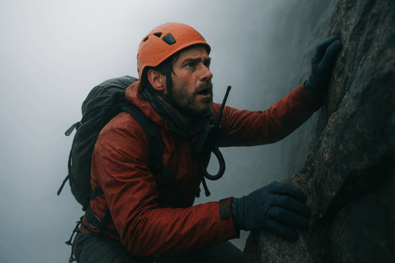 濃霧の断崖を登る濡れた登山家。赤いジャケットとオレンジのヘルメットを身につけ、無線で仲間と連絡を取りながら岩をよじ登る姿。
