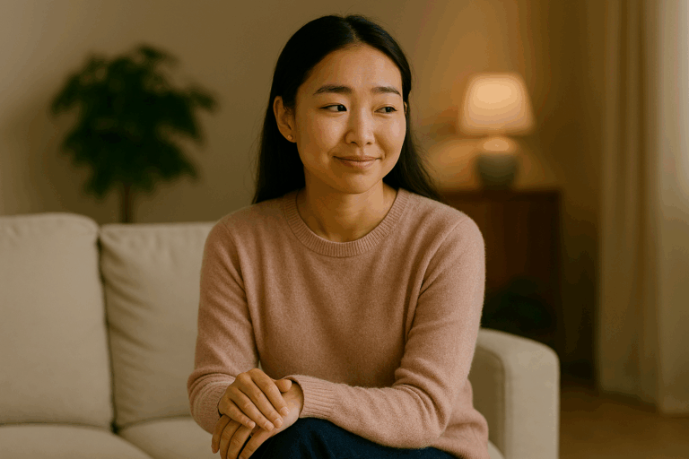 柔らかな光の中、ソファに座って微笑む女性。その表情は、人工的な笑顔が誰かを守るための選択であることを物語っている。