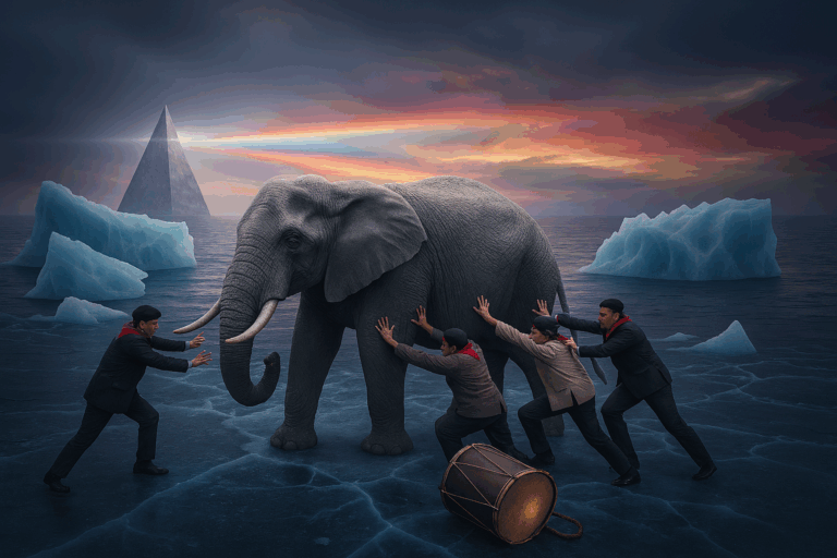 氷上の象に触れる目隠しの人々と、背景に広がる虹。認識の偏りと視点の多様性を示す。