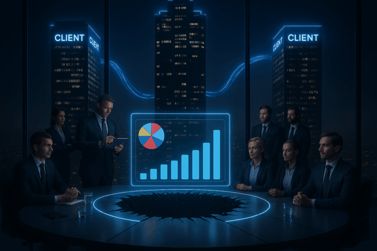 Altテキスト(代替テキスト): ホログラフの業績グラフとその下の穴を囲む役員たち。背景に「CLIENT」のビル。短期的判断のリスクを示唆。
