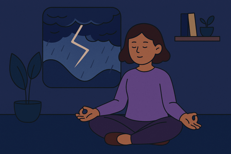 雷雨の窓辺で、若い女性が静かに瞑想している。背景には稲妻と雨が描かれ、室内は深い青と紫の色調で包まれている。『calm』が象徴する、外の嵐と内なる静けさの対比が表現されている。