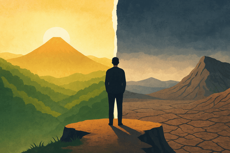 一人の人物が二つに分かれた世界を見つめる。左は緑豊かな山と朝日、右は荒れ果てた乾燥地。視点の違いが未来を左右することを表現したイラスト