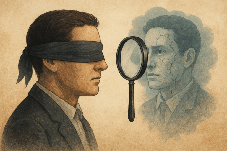 目隠しをした男性が、幻影のような自分自身と向き合い、間に置かれた虫眼鏡が幻想を透かして真実の顔を映し出す。認知の偏りと自己認識の限界を象徴する構図。