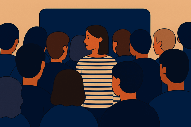 群衆の中で一人の女性が静かに立っている。彼女だけが横を向き、ストライプの服を着ていることで周囲と対比されている。『crowd』が象徴する、集団の中にある個の存在と孤独が描かれている。