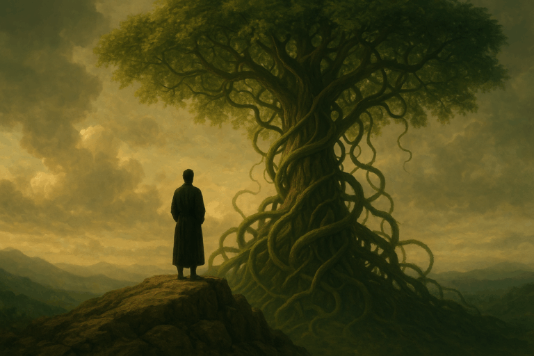 「無欲則剛」の象徴として、文明の崩壊と再生を暗示する孤独な人物が立つデジタルアート。