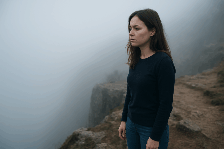 霧の中で岩場に立ち、恐怖を乗り越えて進もうとする若い女性の姿