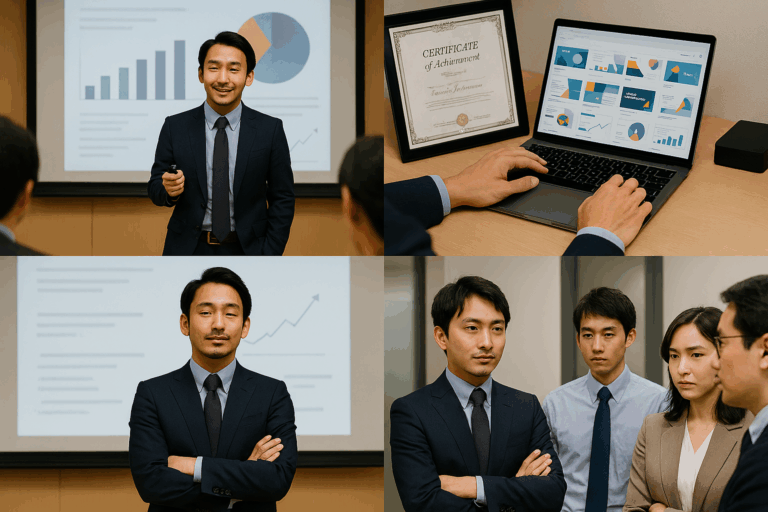 プレゼン中の男性、テンプレートと賞状が映るパソコン、腕組みする姿、同僚との対話風景を4枚で構成した職場ストーリーのビジュアル