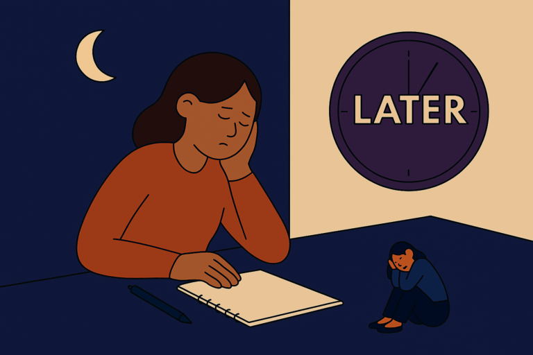 夜空の下、若い女性がノートを前に思案している。彼女の横には“LATER”と書かれた大きな時計があり、時間が静かに流れている。『postpone』が象徴する、先延ばしの心理と選択の瞬間が描かれている。