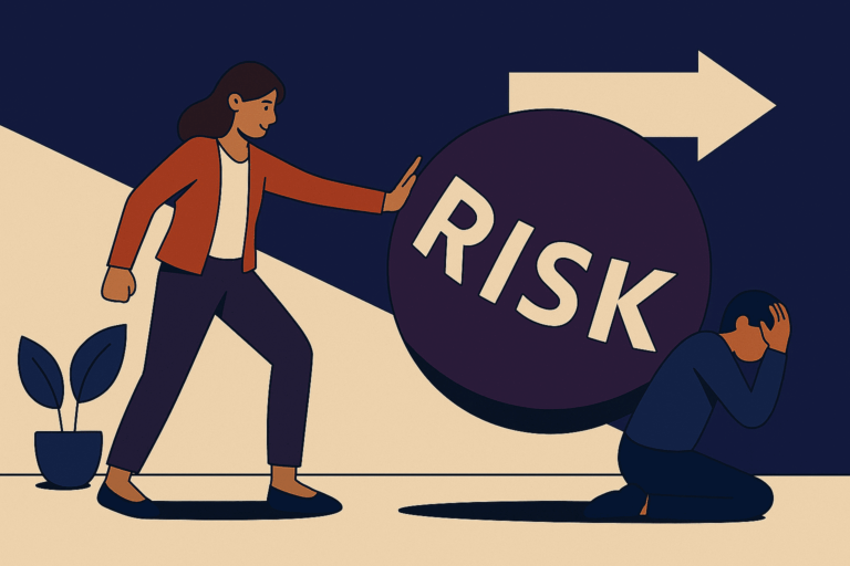 大きな“RISK”と書かれた球体が転がってくるのを、女性が手で押し止めている。彼女の背後には、しゃがんで頭を抱える小さな人物がいる。『prevent』が象徴する、未然に守る行動の力が描かれている。