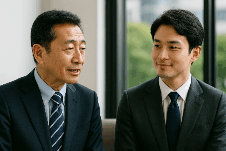 オフィスの窓辺で、年長の男性が若い男性に穏やかな表情で語りかけている。2人の間には静かな信頼が流れ、推薦の瞬間が描かれている。『recommend』が象徴する、言葉を超えた紹介の力が表現されている。