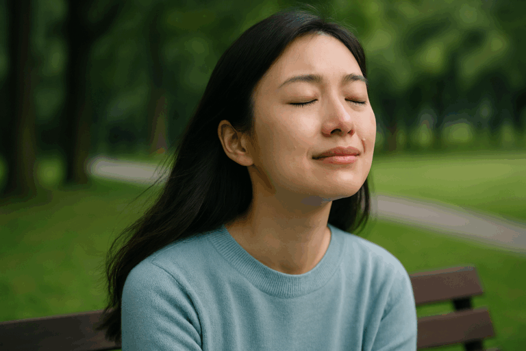 公園のベンチに座り、目を閉じて穏やかな表情を浮かべる女性。頬には涙が流れ、風に髪が揺れている。『relieve』が象徴する、心の重さを手放す静かな瞬間が描かれている。