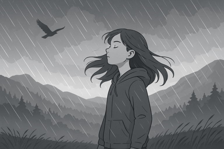 雨の中、山々を背景に少女が静かに立っている。顔を空に向け、目を閉じながら風と雨を受け止めている。『resistant』が象徴する、折れずに立ち続ける心の力が描かれている。