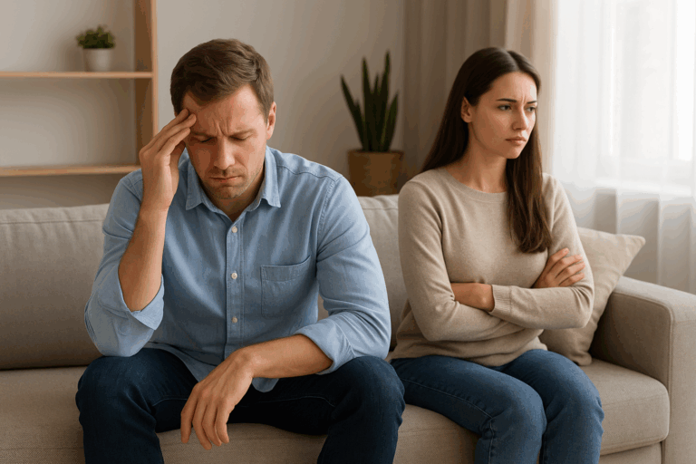 夕暮れの街を歩く夫婦のシルエット、結婚生活の倦怠期をイメージした写真